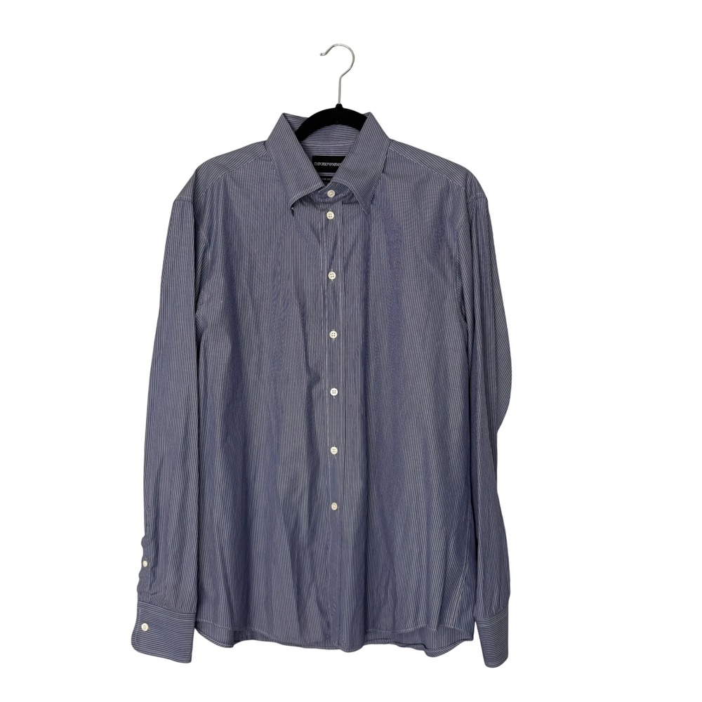 Emporio Armani‎ Dress Shirt Mens 17 Blue White Pinstripe Excellent Made in Italy